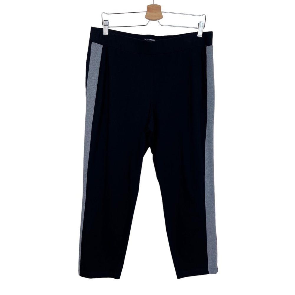 Eileen Fisher Black Gray Stripe Organic Cotton Pull On Cropped Pants Size Large - Picture 1 of 7